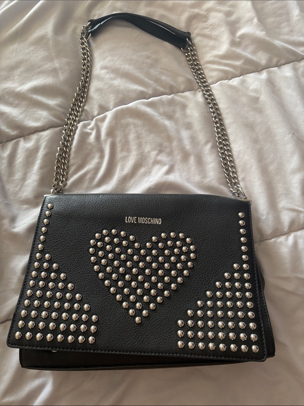 Love Moschino Black Studded Heart Chain Shoulder Bag